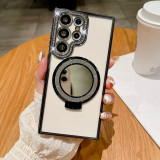 Folding Kickstand Glitter Diamond Mirror Clear Case for Samsung Galaxy S22 S23 Plus S24 Ultra Wireless Charging Magnetic Cover