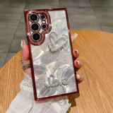 Luxury Electroplated Glitter Diamond Pearl Heart Case for Samsung Galaxy S22 S23 S24 Ultra Plating Edges Laser Feathers Cover
