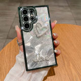 Luxury Electroplated Glitter Diamond Pearl Heart Case for Samsung Galaxy S22 S23 S24 Ultra Plating Edges Laser Feathers Cover