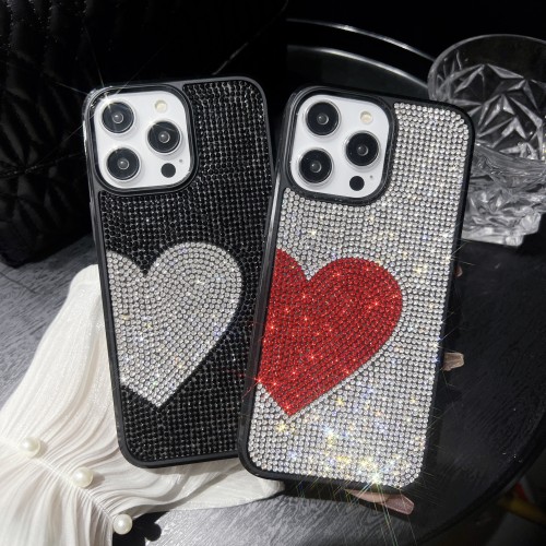 Chic Style Luxury Bilng Bling Love Heart Shape Rhinestone Shockproof Protective Cover Case For iPhone 15 14 13 12 11 Pro Max