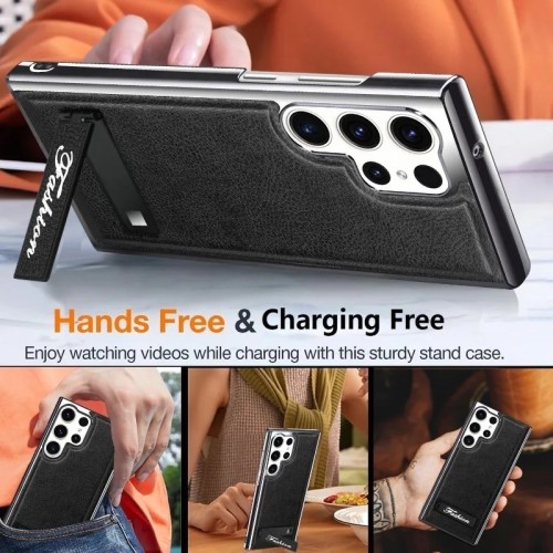 Thin Leather Electroplated Invisible Stand Phone Case For Samsung Galaxy S22 S23 S24 Ultra Anti-fingerprints Seismic Cover