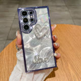 Luxury Electroplated Glitter Diamond Pearl Heart Case for Samsung Galaxy S22 S23 S24 Ultra Plating Edges Laser Feathers Cover