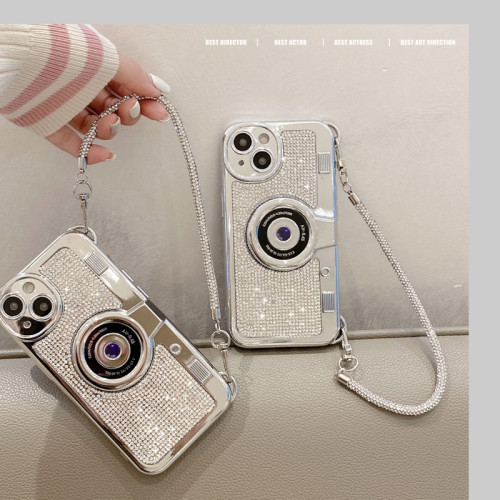 New Luxury Diamond Camera Model Phone Case For iPhone 15 14 13 12 Pro Max Lens Protection Back Cover+ Phone Chain Anti Drop