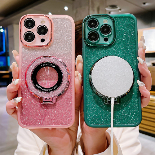 Luxury Plating Frame Magnetic Glitter Stand Holder Case For iPhone 15 11 12 13 14 Pro Max X XR XS Max 7 8 Plus Silicone Cover