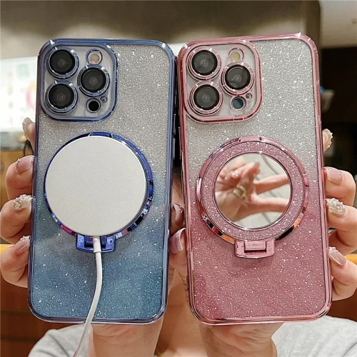 Luxurious Magnetic Phone Holder Cover Plating Glitter Mirror Case for Samsung S24 Ultra S23 FE S21 S20 S10 S8 S9 Note 20 10+