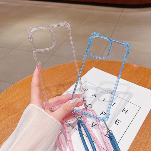Crossbody Lanyard Case For iPhone 16 15 Pro Max 11 14 13 12 Pro XS Max XR X 7 8 Plus Four Corner Strap Armor Shockproof Clear Cover