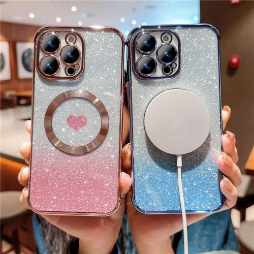Luxury Plating Frame Magsafe Magnetic Phone Case For iPhone Wireless 11 12 13 14 15 Pro Max Gradual Glitter Cover On 14 Plus