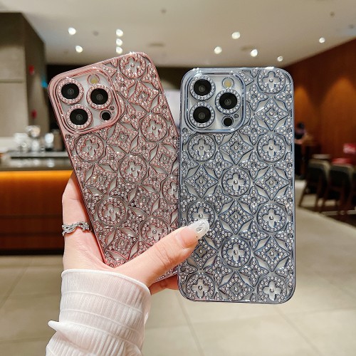 Luxury Glitter Diamond Flower Case For iphone 15 14 13 12 11 Pro Max Soft 6D Electro Tpu For 15pro 14pro 13pro Shockproof Cover
