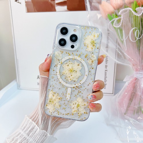 For iPhone 15 14 13 12 Pro Max Plus Wireless Charging Magnetic Phone Case Dried Flower Glitter Transparent Shockproof Hard Cover