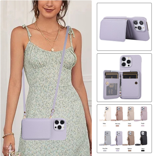 Card Holder Wallet Leather Phone Case for IPhone 15 14 Plus 13 12 11 Pro Max Lanyard Chain Strap Cord Crossbody Bag Stand Cover