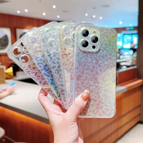 Fashion Transparent blue ray Leopard print glitter paper Phone Case For iPhone 13 14 Pro Max 12 11 15 Pro Soft Back Cover