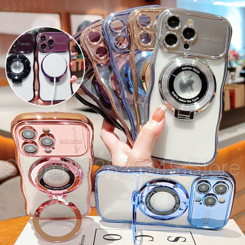 With Bracket Transparent Wave Plating Phone Cases For IPhone 15 Pro Max 14 13 12 11 Shockproof Back Cover