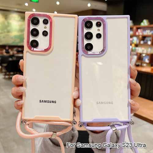 With Lanyard Shockproof Transparent PC Case For Samsung Galaxy S24 Ultra S23 S22 A34 A53 A54 Metal Camera Protection Back Cover