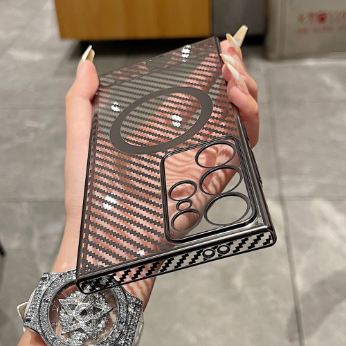 Luxury Plating Carbon Fibre For Magsafe Wireless Charging  Case For Samsung S24 S22 S23 Ultra Plus Protective Shockproof Cover