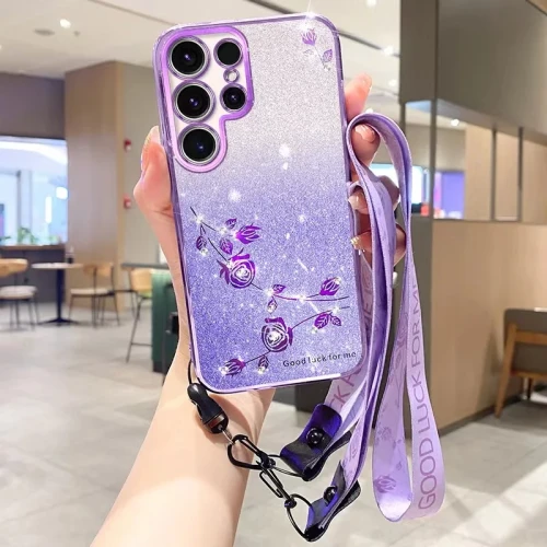 Luxury Lanyard Bling Glitter Silicone Phone Cases for Samsung Galaxy S24 S23 22 21 20 8 9 10 NOTE 8 9 10 20 Plus Ultra FE  Cover
