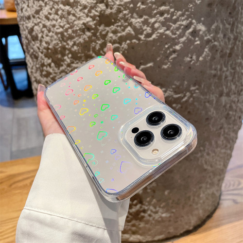 Glitter Laser Love Heart Clear Case for iPhone 14 15 Plus 11 12 13 Pro Max Soft Flexible TPU and Hard PC Back Shockproof Cover