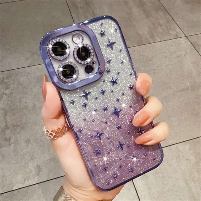 Luxury Bling Glitter Plating Star Clear Phone Case For iPhone 15 Pro Max 13 12 14 11 INS Gradient Diamond Soft Transparent Cover