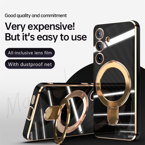 Plating Magnetic for Magsafe Phone Case For Samsung Galaxy S24 Ultra S24 Plus Ring Stand Lens Protect Driving Holder Cover