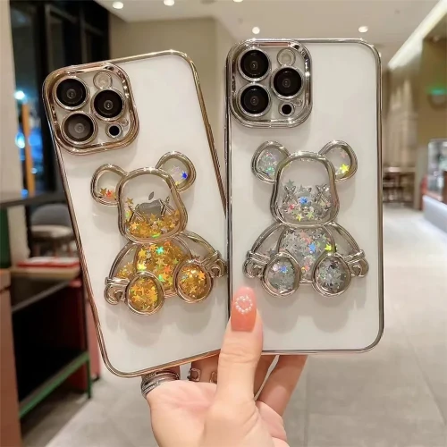 Cartoon Bear Quicksand Phone Case for IPhone 11 12 13 14 15 Pro Xs Max 7 8  Plus XR Lens Protective Film Shockproof Clear Cover