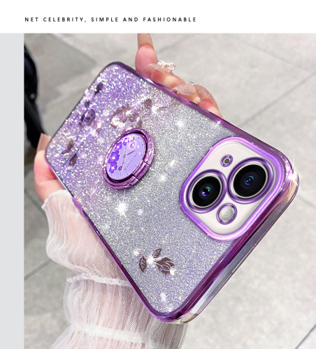 Gradient Flower Diamond Ring Stand Lanyard Phone Case For iPhone 16 15 14 13 12 11 Pro Max Plus X XS XR 7 8 2in1 Bling Paper KDS