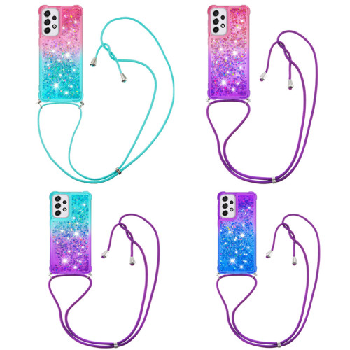 Neck Strap Clear Glitter Liquid Quicksand Case For Samsung Galaxy S23 S22 S21 Ultra S20 FE S9 S10 Plus Note 20 Cute Color Cover
