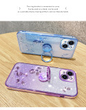 Gradient Flower Diamond Ring Stand Lanyard Phone Case For iPhone 17 Air 16 15 14 13 12 11 Pro Max Plus X XS XR 7 8 2in1 Bling Paper KDS