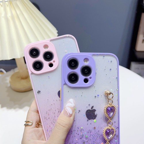 Glitter Love Heart Bracelet Gradient Phone Case For iPhone 15 14 13 12 11 Pro Max Plus Mini X XS XR 7 8 6 6S Bling Luxury Cover