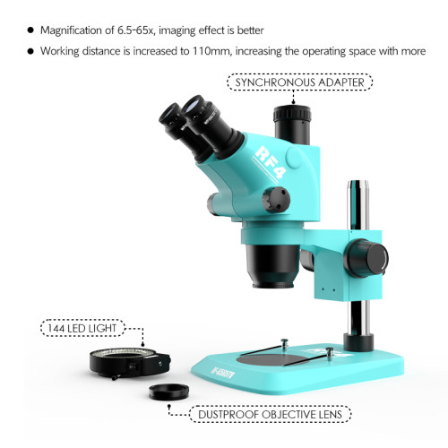 RF4 6.5X-65X Sculpture Welding Jewelry Optical Stereoscopic Triocular Zoom Microscope RF6565TV-144LED Light Source
