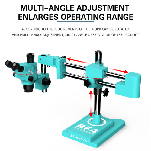 RF4 6.5-65X 360 ° Double Boom Bracket Synchronous Zoom  Magnification Observation Triocular Binocular Stereo Microscope RF6565TW