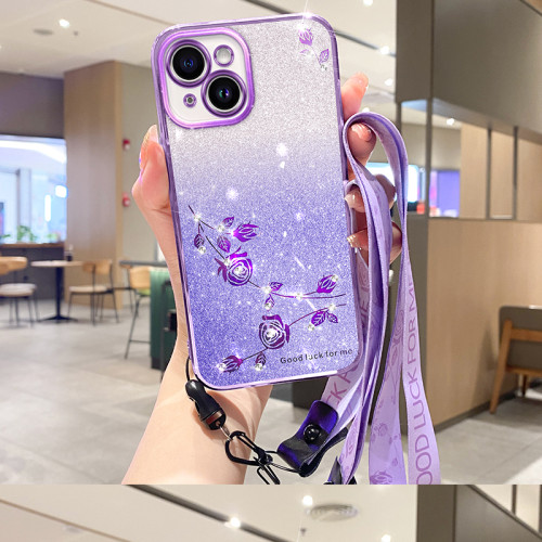 Gradient Flower Diamond Ring Stand Lanyard Phone Case For iPhone 16 15 14 13 12 11 Pro Max Plus X XS XR 7 8 2in1 Bling Paper KDS