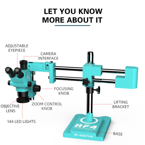 RF4 6.5-65X 360 ° Double Boom Bracket Synchronous Zoom  Magnification Observation Triocular Binocular Stereo Microscope RF6565TW