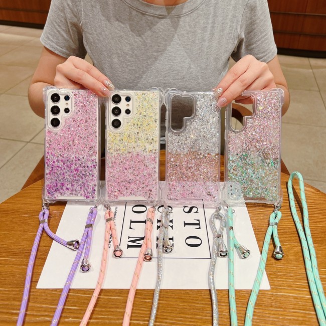 With Lanyard Gradient Bling Sequin Phone Case For Samsung Galaxy S24 S23 S22 Ultra S24 Plus A55 A15 A54 A34 A14 A53 A33 A13