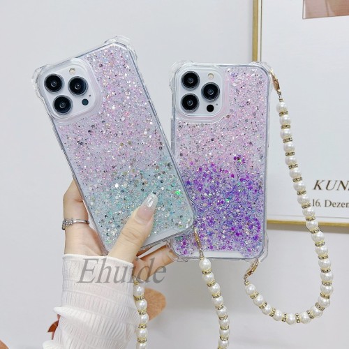 Glitter Pearl Strap Case For iPhone 16 15 13 12 14 Pro Max 11 Plus 15Pro 13Pro Diamond Bracelet Four Corners Short Lanyard Cover
