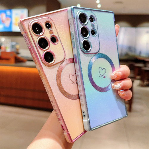 Colorful Love Heart Plating Magnetic Case For Samsung Galaxy S24 S23 S21 S22 Ultra Plus S20 FE For Magsafe Soft TPU Back Cover