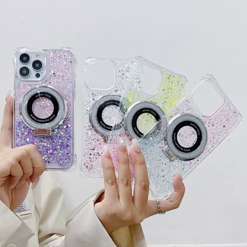 Magnetic Stand Case For iPhone 16 15 13 12 14 Pro Max 11 Plus 15Pro Magsafe Rotating Holder Four Corners Shockproof Glitter Cover