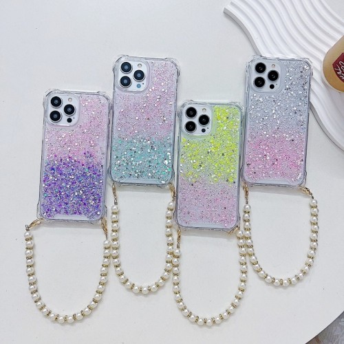 Glitter Pearl Strap Case For iPhone 16 15 13 12 14 Pro Max 11 Plus 15Pro 13Pro Diamond Bracelet Four Corners Short Lanyard Cover