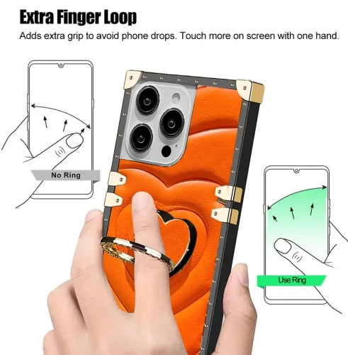 Bling 3D Love Heart Square Leather Ring Holder Case For Samsung S24 Ultra S23 S22 S21 Plus S23 FE A34 A24 A54 Shockproof Cover