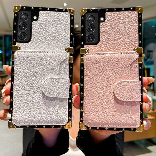 Cards Slot Leather Plating Case For Samsung Galaxy S24 S23 S22 S21 S20 Note 20 S10 S8 S9 Plus S21FE Square Kickstand Cover