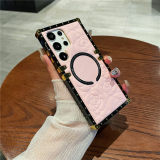 3D Flower Wireless Charging Plating Case For Samsung Galaxy S24Ultra S23 S22 S21 Z Flip 5 4 3 Shockproof Plaid Leather Cover