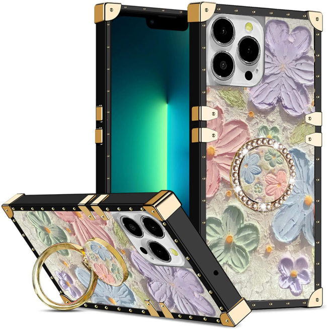 Painting Flower Plating Case For Samsung Galaxy S24Ultra S23 S22 S21 S20 Note 20 A15 S10 S9 A53 A54 Square Ring Holder Cover
