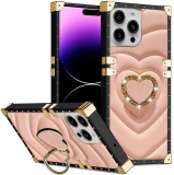 Bling 3D Love Heart Square Leather Ring Holder Case For Samsung S24 Ultra S23 S22 S21 Plus S23 FE A34 A24 A54 Shockproof Cover