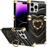 Bling 3D Love Heart Square Leather Ring Holder Case For Samsung S24 Ultra S23 S22 S21 Plus S23 FE A34 A24 A54 Shockproof Cover