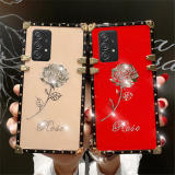 Fashion Bling Rose Flower Case For Samsung Galaxy S24Ultra S23 S22 Plus S21 S20 Note 20 A54 A15 A25 A55 A53 Square Plating Cover