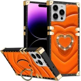 Bling 3D Love Heart Square Leather Ring Holder Case For Samsung S24 Ultra S23 S22 S21 Plus S23 FE A34 A24 A54 Shockproof Cover