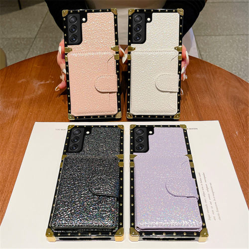 Cards Slot Leather Plating Case For Samsung Galaxy S24 S23 S22 S21 S20 Note 20 S10 S8 S9 Plus S21FE Square Kickstand Cover
