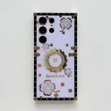 Glitter Rhinestone Four Leaf Clover Square Case for Samsung Galaxy S24 S23 Ultra S22 S21 Note 20 Finger Ring Kickstand Cover