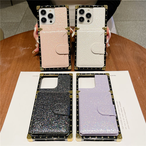 Credit Card Holder Square Leather Plating Case For iPhone 14 15Plus 13 12 11Pro Max XR XS 7 8Plus Shockproof Stand Cover