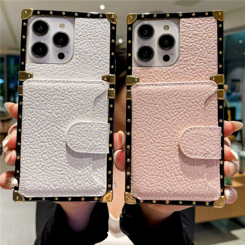 Credit Card Holder Square Leather Plating Case For iPhone 14 15Plus 13 12 11Pro Max XR XS 7 8Plus Shockproof Stand Cover