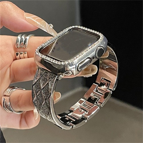 Luxury Bling Glitter Diamond Pattern Band For Apple Watch 44mm 40 45 41 49 42 38 Metal Strap For Ultra Series 9 8 SE 7 6 5 4 3