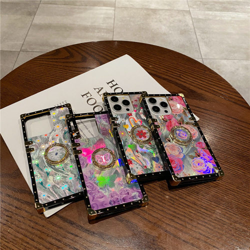 Flower Plating Case For iPhone 15Pro Max 14 Plus 13 12 11 XR XS 6S 7 8 Plus SE2 Ring Holder Square Shockproof Laser Cover